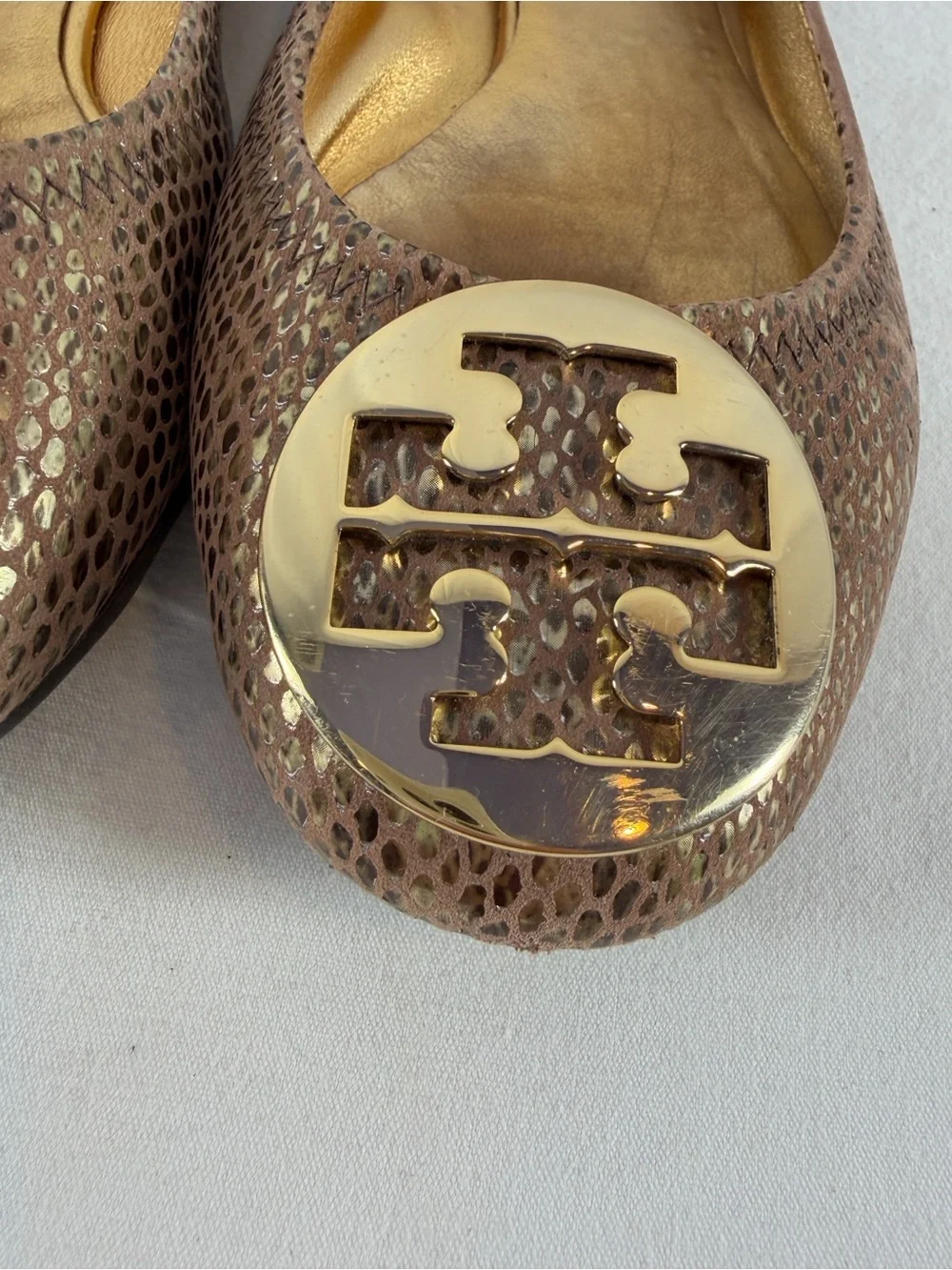 Tory Burch Snake Embossed Large Metal Logo Ballet Flat in Light Brown Gold 8.5